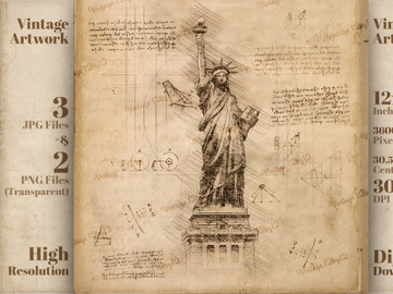 Statue of Liberty New York, USA in Vintage Steampunk Da Vinci Drawing Style preview picture