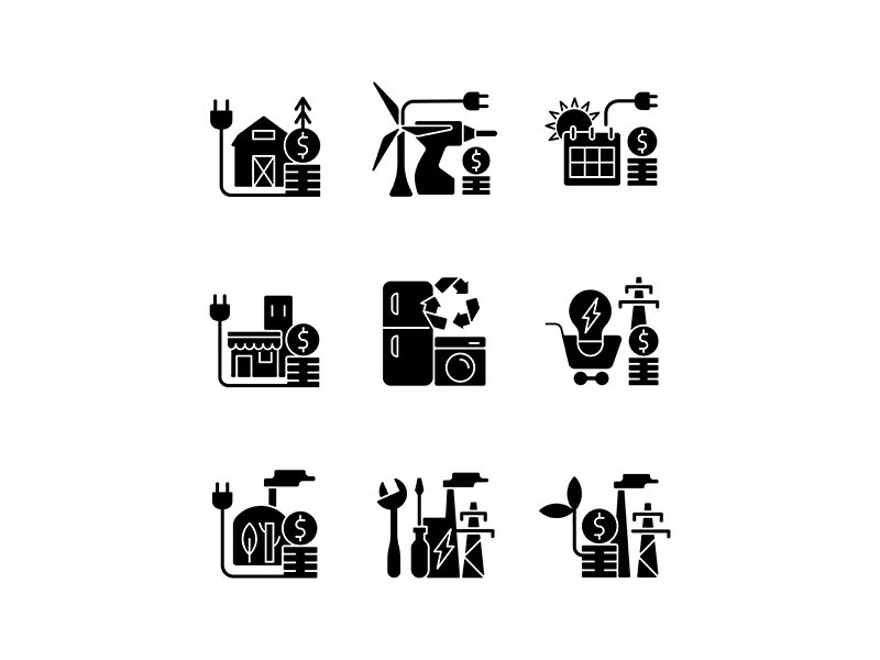 Electrical energy black glyph icons set on white space