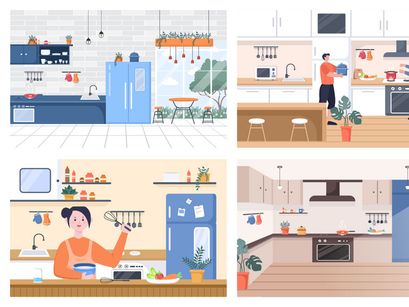 16 Kitchen Room with Furniture Background Vector Illustration