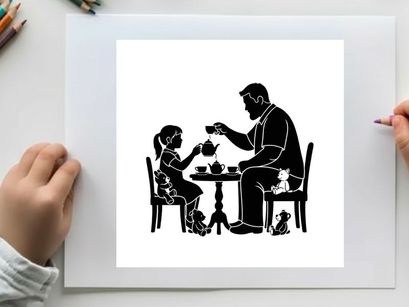 Silhouette of a man and a girl having tea with pets