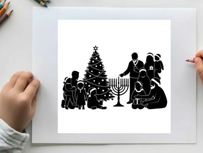 Black silhouette of family celebrating hanukkah and christmas together