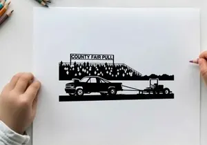 Truck towing tractor at county fair pull event silhouette