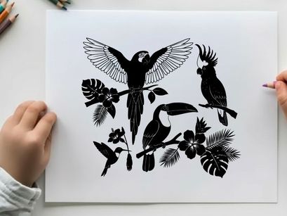 Tropical birds in silhouette amidst lush foliage and flowers