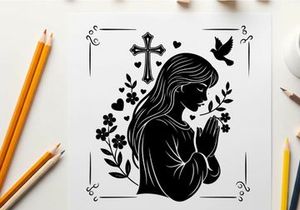 Silhouette of a praying woman with flowers and cross silhouette