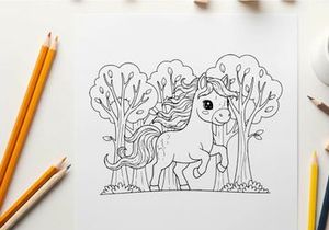 Cute unicorn in magical forest vector illustration
