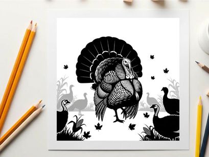 Black and white silhouette of a turkey with feathers spread wide outdoors