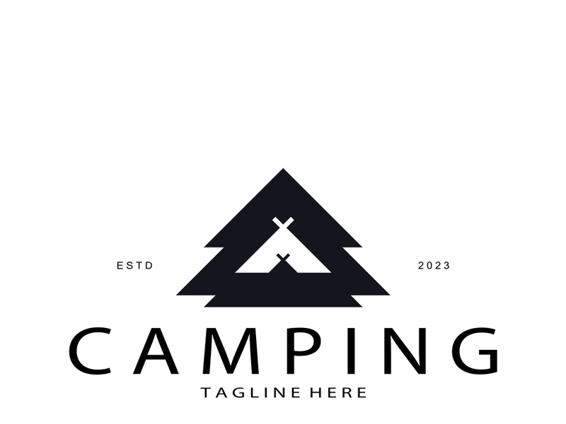 vintage and retro tent logo, camping. With tent, tree and bonfire sign. adventurers, scouts, climbers, camping equipment center