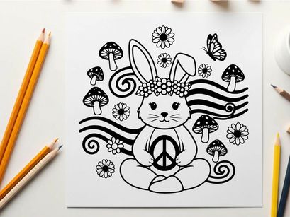 Peaceful silhouette bunny with flowers and mushrooms