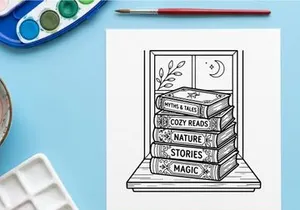 Hand-drawn cozy winter bookshelf illustration for festive holiday storytelling and relaxation