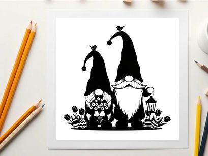 Two gnomes in silhouette with flowers and lantern