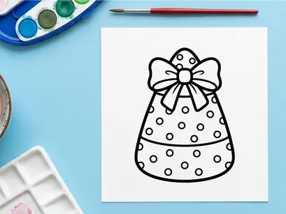 Página para colorir de milho doce para crianças. Ilustração de guloseima de Halloween com um laço decorativo.
