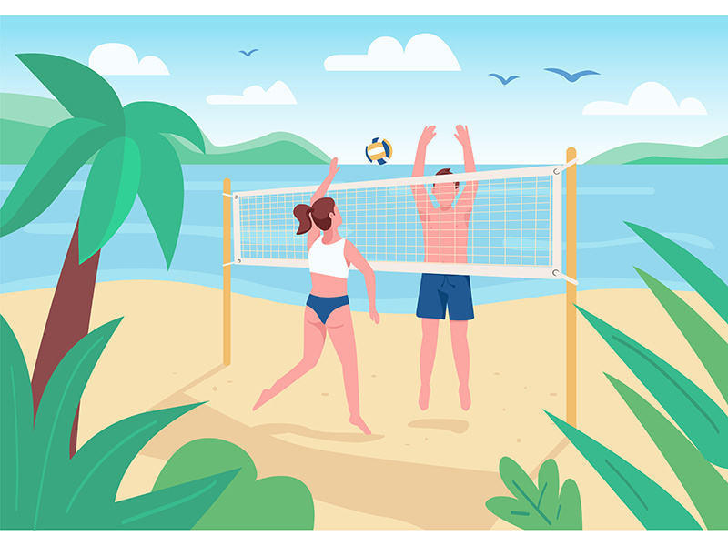 Man and woman playing beach volleyball flat color vector illustration