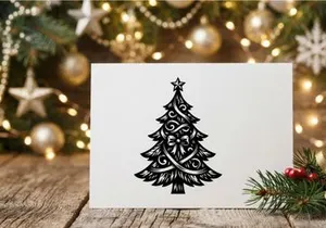 Black and white Christmas tree illustration with decorative ribbons and a star topper.