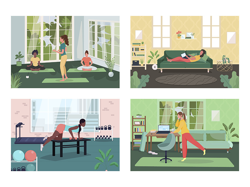 Employee healthy lifestyle flat color vector illustration set