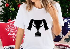 A black trophy icon with two long ribbons flowing from its handles on a white background