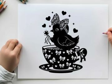 Whimsical silhouette bird on a teacup with bow and hearts preview picture