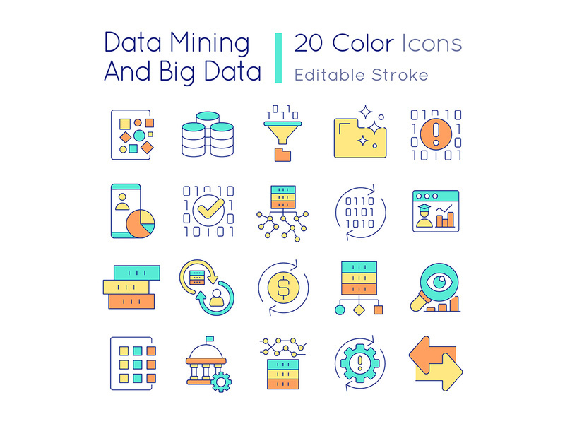 Data mining and big data RGB color icons set