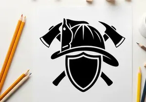 Firefighter silhouette logo with helmet shield axes and coat