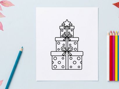 Christmas gift boxes stack with polka dot pattern and star topper line art illustration.