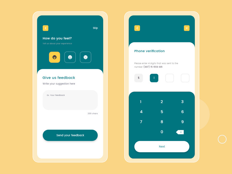 Feedback and Phone Verification screens concept for IBer app