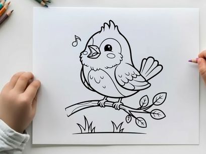 Cute singing bird on branch vector illustration