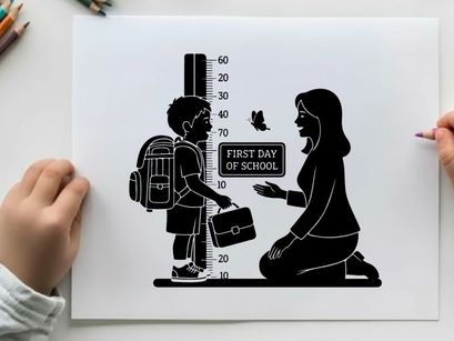 Silhouette of mother and child on first day of school with height measurement
