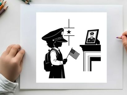 Silhouette of a child holding american flag before a military portrait silhouette