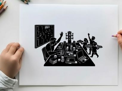 Silhouette of a man and children in a control room setting silhouette