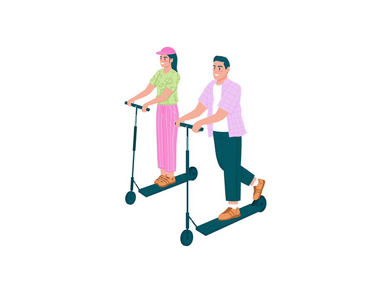 Happy man and woman riding electric scooters flat color vector detailed characters