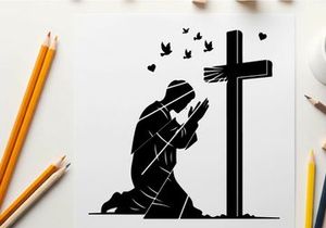 Silhouette of a person praying beside a cross silhouette