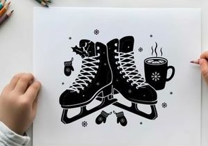 Silhouette of ice skates and hot chocolate in winter silhouette