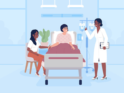Doctor and patients in hospital flat color vector illustrations set