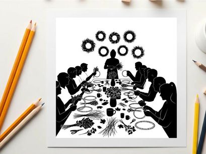 Silhouette of people gathered around a festive holiday dinner table with wreaths