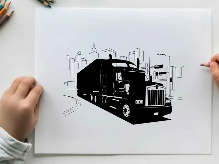 Silhouette of a semi truck driving on a city street at night