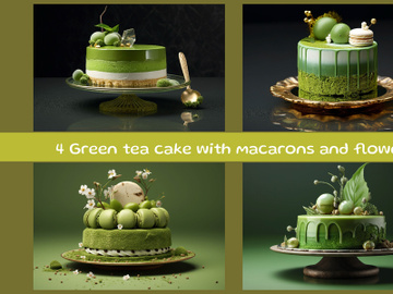 Green tea cake with macarons and flowers on a green background preview picture