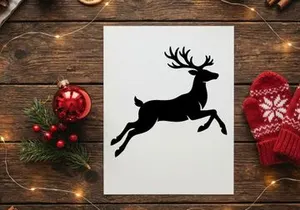 Black silhouette of a jumping reindeer isolated on a white background for Christmas design