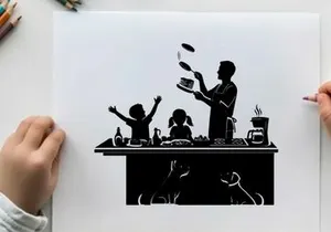 Silhouette of family cooking together in kitchen with pets