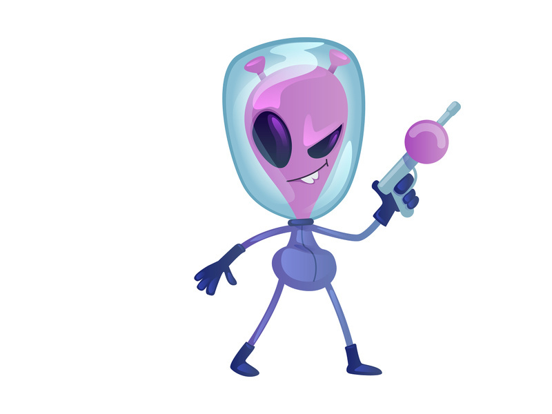 Alien with space weapon flat cartoon vector illustration