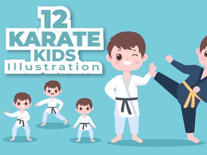 12 Cute Cartoon Karate Kids Illustration