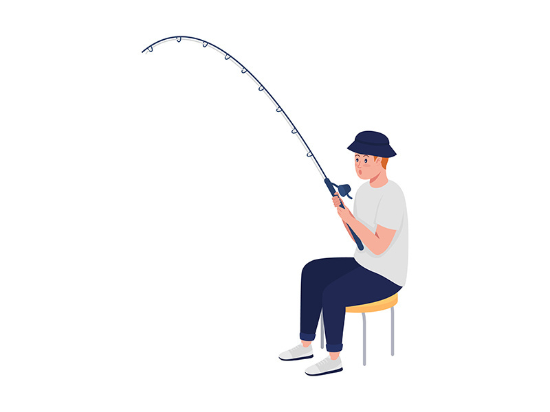 Eager teen angler with fishing rod semi flat color vector character