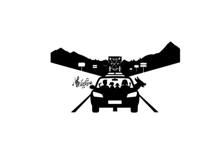 Silhouette of a family on a road trip with mountains in the background silhouette