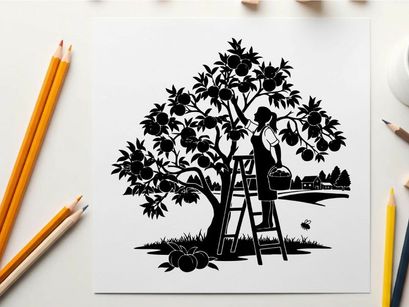 Silhouette of a person picking fruit from a tree on a ladder