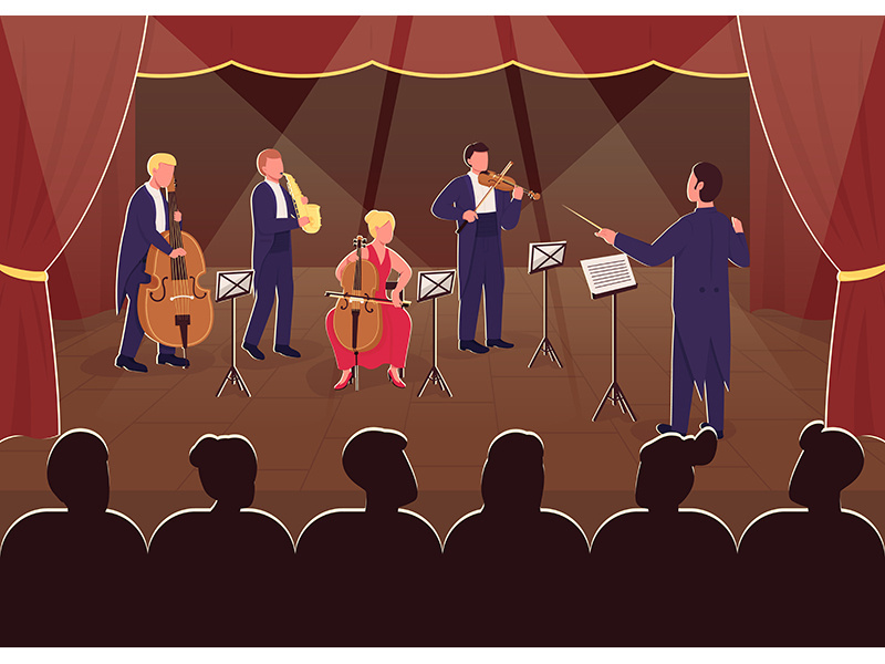 Orchestra symphony performance flat color vector illustration