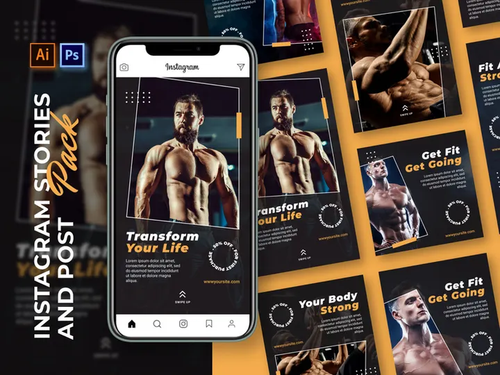 GYM Instagram post and stories template