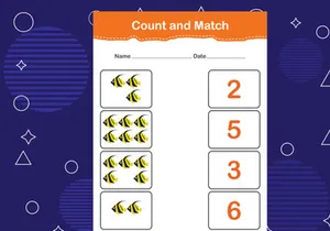 10 Pages Count and match with the correct number. Matching education game. Count how many items and choose the correct number