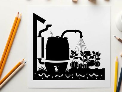 Silhouette of barrel watering system for gardening plants