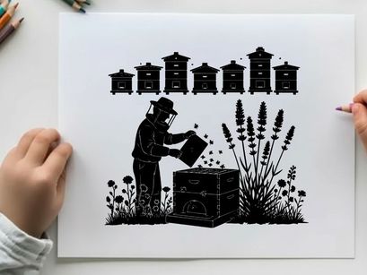 Beekeeper tending apiary with silhouette bees and lavender flowers