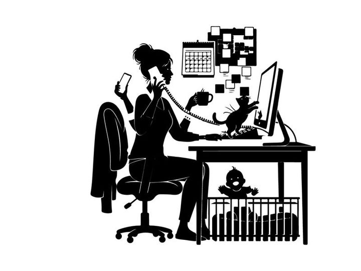 Silhouette of woman working at desk with cat and baby