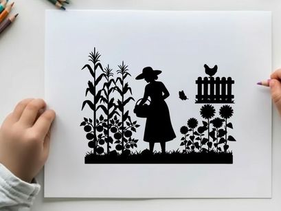 Silhouette of a woman in a garden with flowers and a chicken