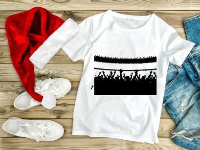 Concert crowd silhouette with raised hands in front of bright white background